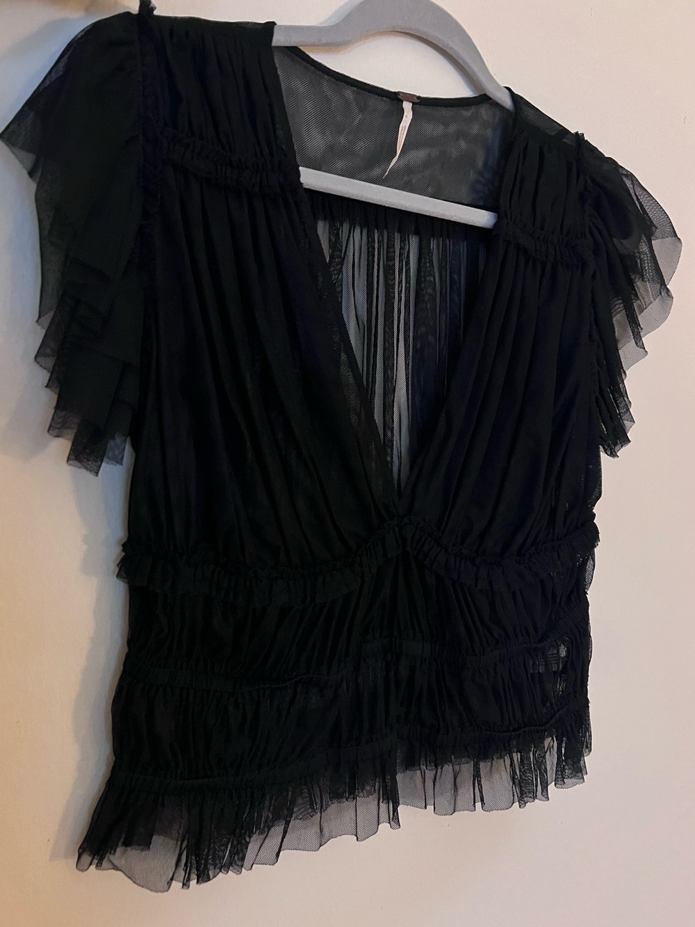 Free People Black Sheer Ruffle V-Neck Blouse
